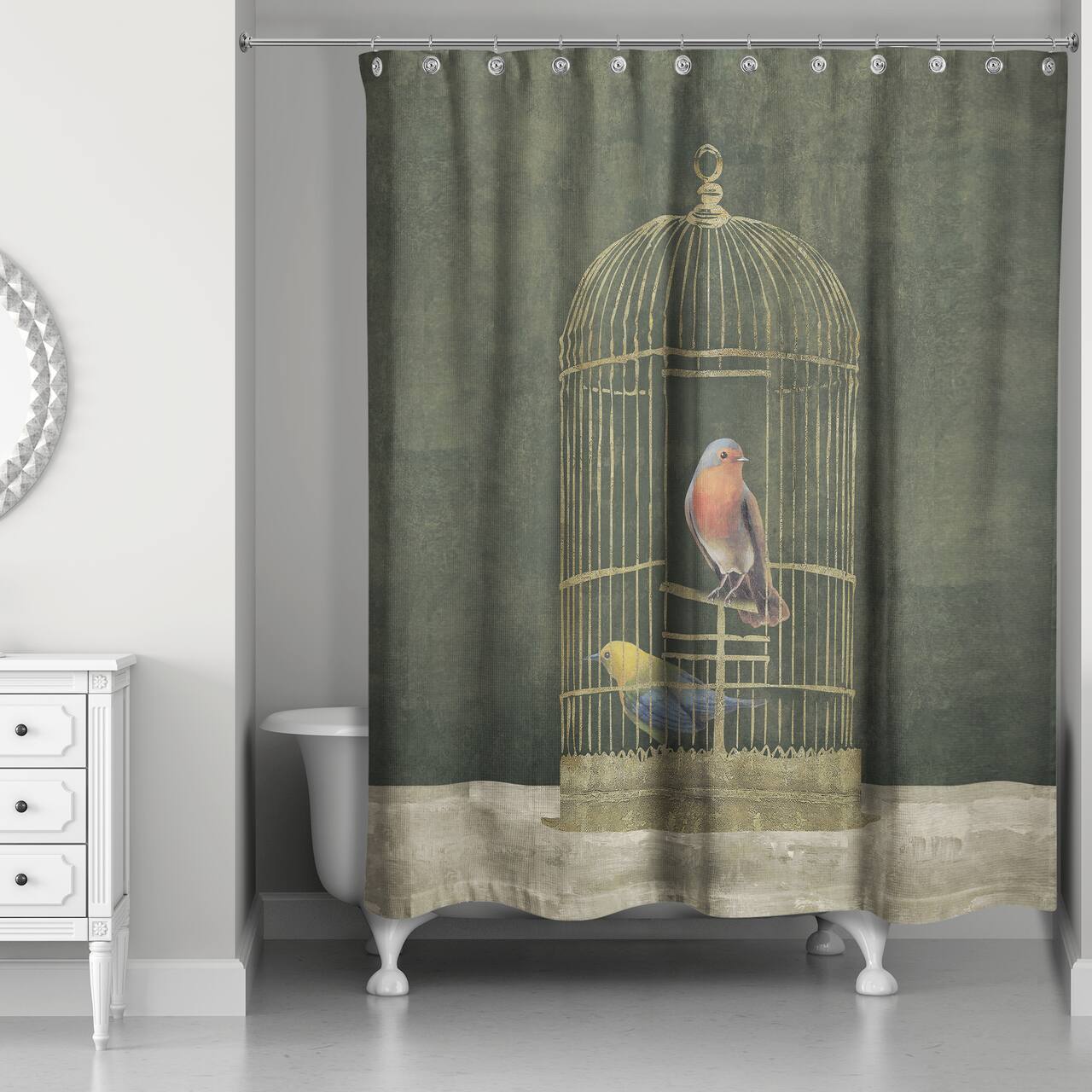 Gold Birdcage with Birds on Green 71" x 74" Shower Curtain